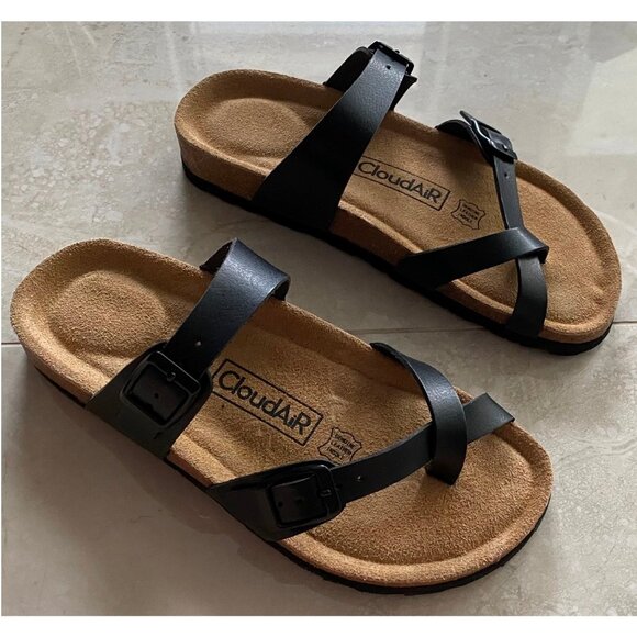 CloudAir Primo Black Thong Cork Footbed Sandals Suede Leather Insoles NEW Sz 6.5 - Picture 4 of 9